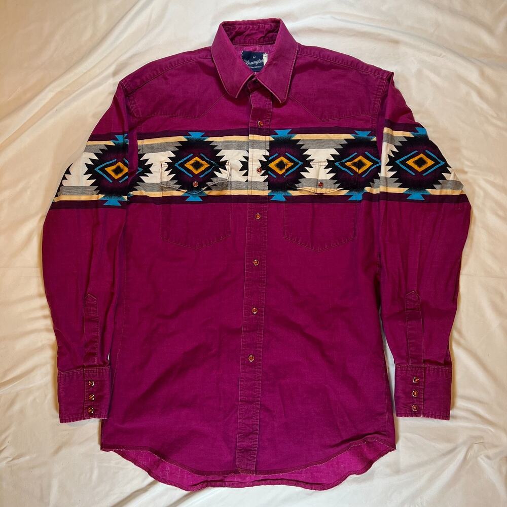 Vintage Wrangler Western Shirt Mens M Pearl Snap Southwestern Geometric Aztec